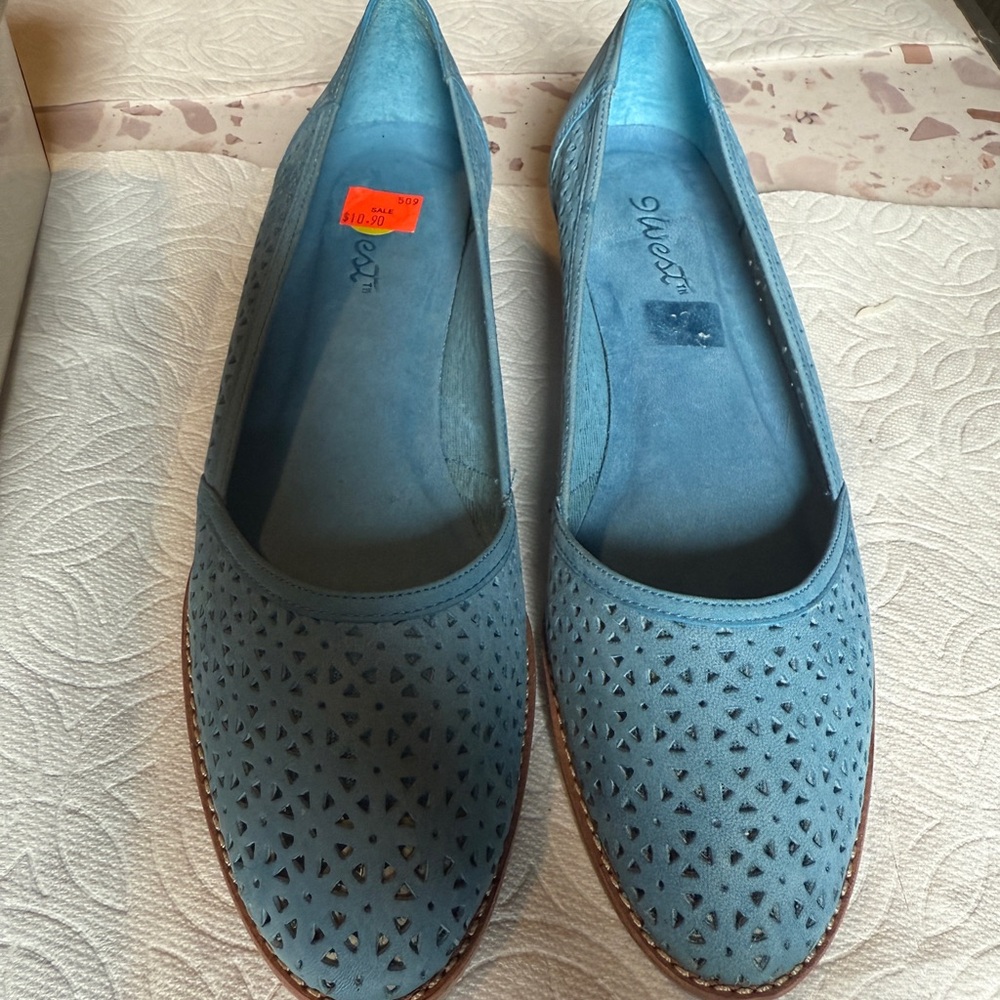 9WEST Powder Blue Perforated Slip-On Flats